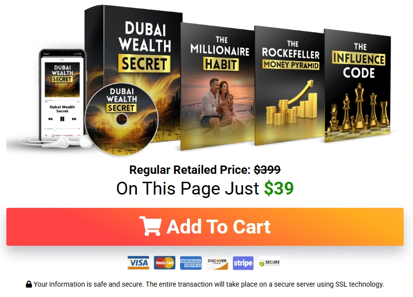 Seller promotional graphic showing Dubai Wealth Secret bundle and 39 dollar page offer